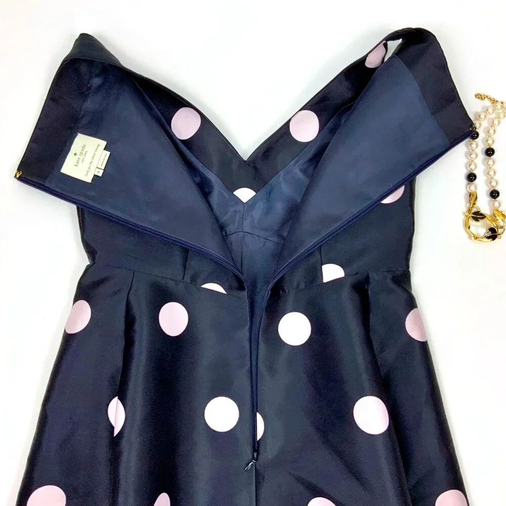 Kate Spade Steal The Spotlight Polka Dot Fit & Flare Dress Ink Navy Pink Sz 8